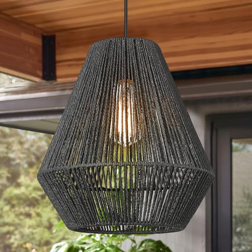 ELYONA Modern Woven Pendant Light Fixtures 11.8 Farmhouse Coastal Hanging Lamp Matte Black Handwoven Rattan Basket Shade Boho Pendant Light for Kitchen Island Dining Room Bar Bedroom Foyer Hallway