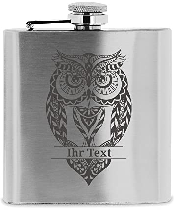 Flachmann graviert mit Wunschtext, Edelstahl 190 ml, Zentangle Eule | Gravierter Flachmann mit Eulen-Motiv und Namen – Geschenk für Eulenliebhaber und Vogelfreunde