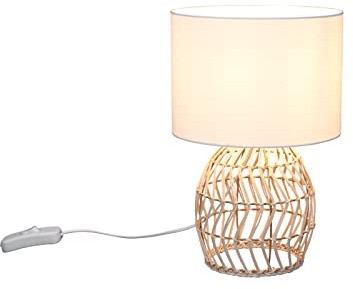 Große Boho Tischleuchte Rattan Geflecht & Stoffschirm in Weiß Ø 25cm