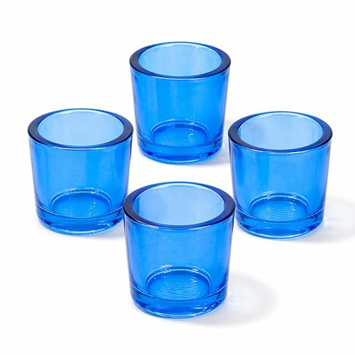Teelichtgläser 6,5 x 6 cm aus dickwandigem Glas 4er Set - runde Teelichthalter für Teelichter bis 38 mm - Kerzengläser für kleine Kerzen & Votivkerzen bis Ø 4 cm - Windlichter Blau