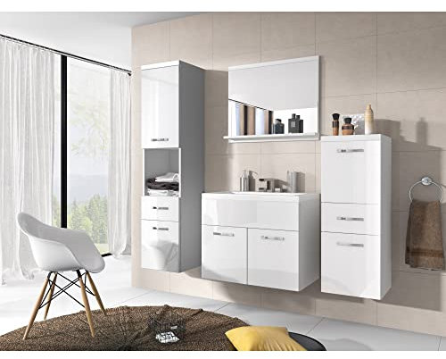 MINIO go for it - Badmöbel Set ALO, 4-Teilig Badezimmermöbel Set, Spiegel mit Ablage, mit Waschbecken, Laminierte Spannplatte, Farbe: Weiß Matt/Weiß Hochglanz