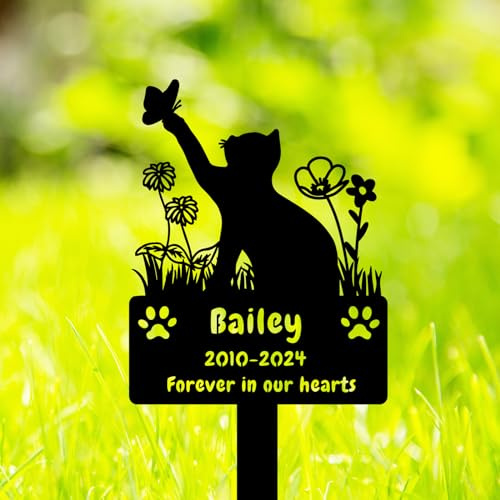 GRJIRAC Custom Cat Grave Marker Cat Burial Stake, Personalized Butterfly Flowers Cat Memorial Garden Stake, Metal Cat Memorial Plaque for Outdoors, Customized Pet Headstone