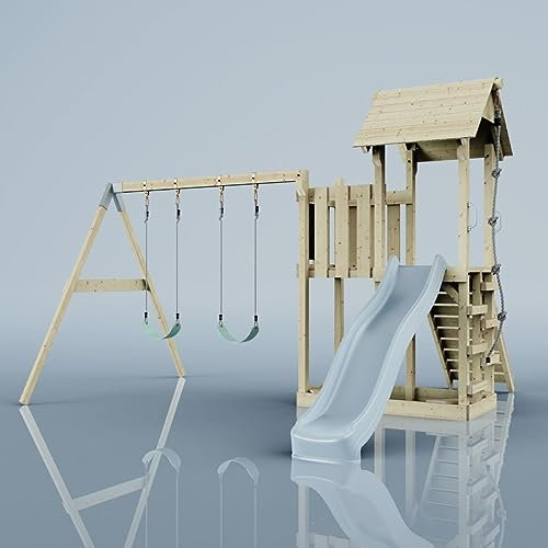 Rebo Spielturm mit Wellenrutsche und 2X Kinder-Schaukel, Outdoor Klettergerüst Garten mit Plattform,Eisblau