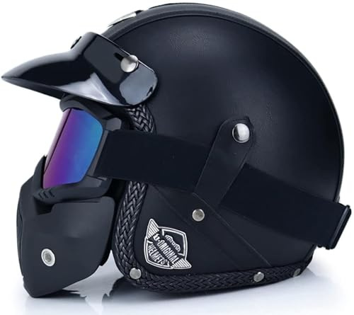 EBAYIN Jet Helm Vintage Harley Halbhelm mit Blasenlinse DOT ECE-Zertifizierung FRP Material Cruiser Chopper Scooter 3/4 Pilot Motorradhelm,B-L=（59~60cm）