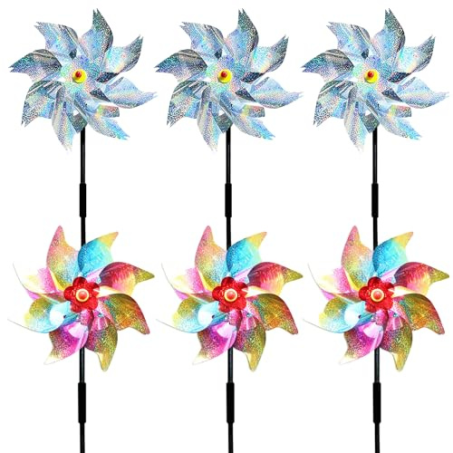 6 molinillos de viento, antipájaros, antipalomas, molinillo de viento, para jardín, reflectante, molinillo de viento, para proteger el jardín, patio, huerto (3 plateados y 3 arcoíris)