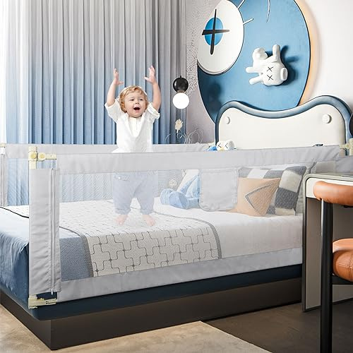 Kedia Bettgitter, Bettschutzgitter für Kinder Rausfallschutz Bett, Rausfallschutz Kinderbett, Bettgitter für Kleinkinder, Babybett Umrandungen Höhenverstellbar (2m-Grau)