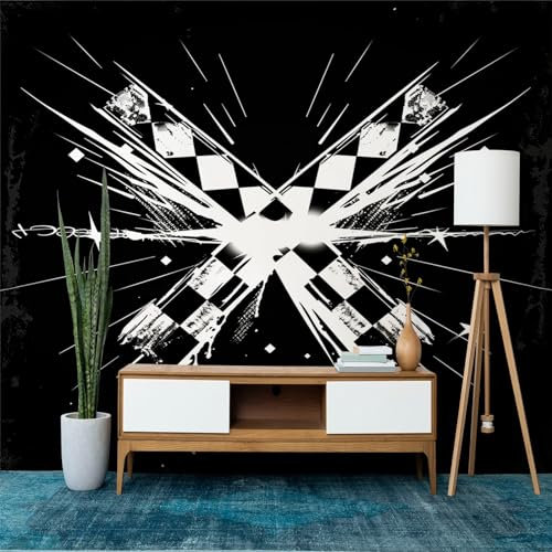 Custom Geometry Race Track Panoramic Wall Mural, Black and White Wallpaper 200 x 140 cm (W x H), Modern Large-Scale Wall Art Mural Panoramic Poster for Living Room Bedroom Office