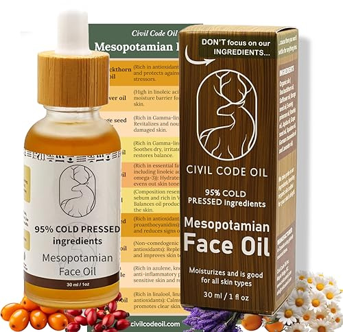 Civil Code Mesopotamian Face Oil – Organic Anti Aging Facial Oil for Women with Sea Buckthorn, Jojoba, Squalane & Lavender – Hydrating Skin Care for Dry Skin & Fine Lines – Natural Skincare 1oz