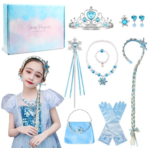 COYBTO Prinzessin Kostüme Zubehör Set, Kinder Schmuckset Mädchen,Prinzessin Dress up Zubehör mit Zopf Halskette Armband Handtasche, Geschenke für Mädchen Geburtstag Kostüm