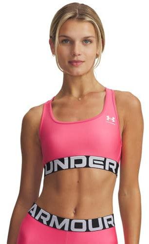 Under Armour Donna HeatGear Mid Branded, Reggiseno Sportivo Elasticizzato con Sostegno Medio, Top Sportivo da Palestra con Doppia Fodera Non Imbottito,Super Pink/White,SM