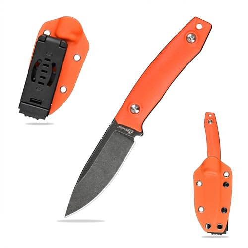 SDOKEDC DC53 Stahl Outdoor messer Jagdmesser Feststehende Klinge G10 Griff mit Kydex Scheide für Männer EDC Camping Survival (Schwarze Steinwäsche + Orange Griff)