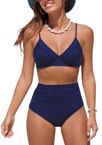 NLAND Dam tvådelad hög midja rynkad V-ringad sexig bikini set badkläder grimma push-up vadderad strandkläder, Marinblå, M
