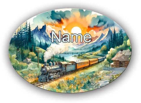 Maus-Design Türschild personalisiert mit Name und Schriftartwahl, Zug | 12,7 x 8,8 x 0,2 cm, 2 Bohrungen, Kunststoff, oval