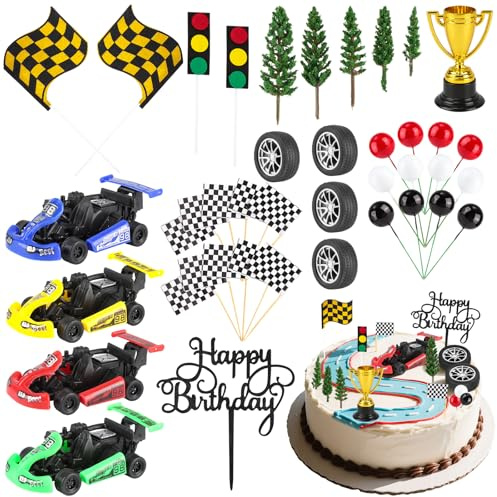 Pack of 41 Racing Car Cake Decorations, Cars Cake Decoration Children, Racing Car Theme Cake Topper, Cake Topper for Children's Birthday Party, Family Celebrations