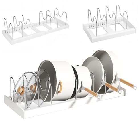 RiuCrepian Topfdeckelhalter,Deckelhalter Küche,Erweiterbar Topfdeckel Organizer mit 10 Verstellbaren Fächern,Pfannen Organizer schublade für Schneidebretter Pfannen und Backgeschirr Aufbewahrung(Weiß)