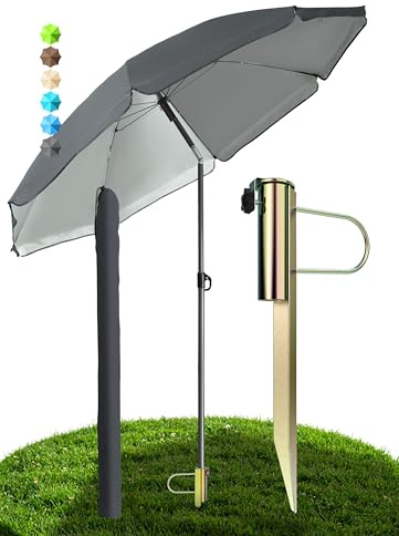Menz Sonnenschirm Strand in Anthrazit - 3er Set inkl. Strandschirm windfest stabil + Rasendorn Sonnenschirmhalter + Sonnenschirmhülle, Sonnenschirm mit Rasendorn, robuster Schirmspieß für Garten