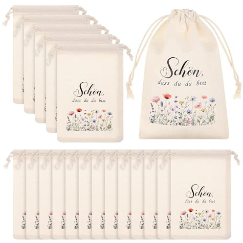 Xuniea 20 Stück Gastgeschenke Stoffbeutel mit Kordelzug für Taufe Hochzeit | Schön Dass Du Da Bist, Geschenktüten für Geburtstag, Geschenkbeutel und Geschenktasche