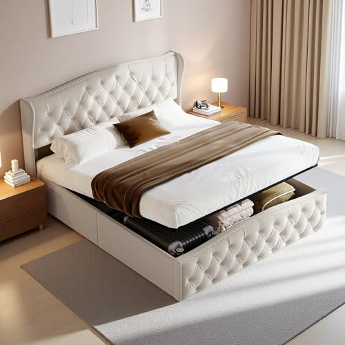 SHAODENG Bett 160x200 mit Lattenrost, Polsterbett mit Bettkasten, Boxspringbett mit Stauraum, Doppelbett Hydraulisch Stauraumbetten Bettgestell Rückenlehne, Beige, Samt, Ohne Matratze