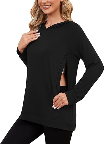 Love2Mi – Felpa con cappuccio da allattamento da donna con cerniera invisibile, maglione premaman a maniche lunghe, ideale per gravidanza e allattamento, Nero , S