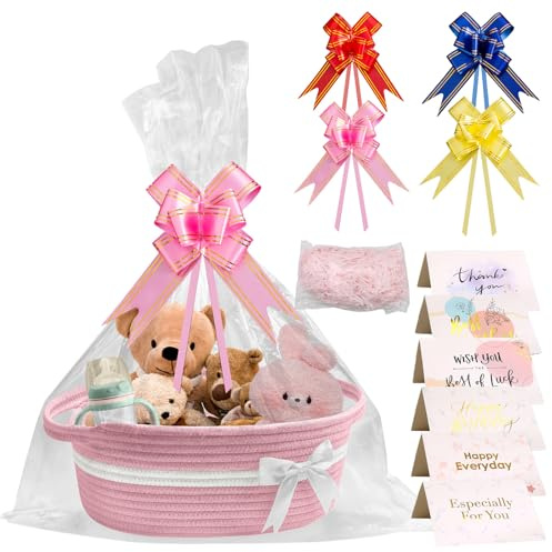VEGCOO Geschenkkorb, Körbchen Mit Henkel, Körbe Flechten, Geschenk Korb Für Babyparty, Hochzeit, Geburtstag, Feiertagssegen, Geschäftsgeschenk (Rosa)