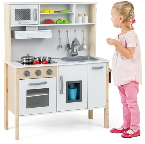 COSTWAY Cocina de Juguete para Niños, Cocinita Infantil de Madera con Microondas, Campana Extractora, Estufas, Fregadero de Juguete, Horno, Fabricador de Hielo y 18 Accesorios (Blanco)