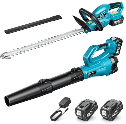 SEESII Cordless Hedge Trimmer and Leaf Blower Combo, 2 Pcs 4.0Ah Batteries, Electric Handheld Bush Trimmer with 20 Dual-Action Blade, Lightweight Brushless Blower with 2 Speed Modes for Yard Garden