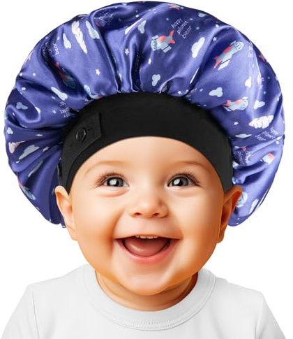 Bonnet bébé en satin de soie doux pour filles et garçons, bonnet de nuit double épaisseur avec large bande élastique, bonnet de nuit ajustable pour tout-petits, cheveux naturels et bouclés (Bleu)