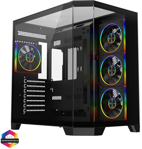 CiT DS360 PRO Gaming PC Case ATX Mid Tower, 4 ARGB Fans, Glass Case, Black | Panoramic four-piece glass dual-chamber ATX mid tower gaming case with 4 pre-installed ARGB fans and a 360mm radiator mount