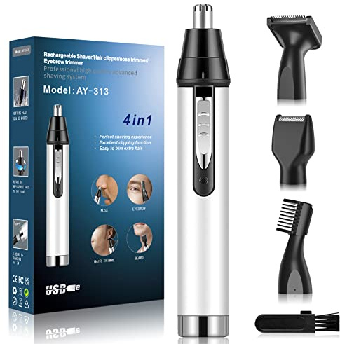 Nasenhaartrimmer Herren, 4 in 1 USB Wiederaufladbare Professionelle Nasentrimmer Ohrenhaartrimmer für Nasenhaare, Augenbrauen, Ohrenhaare für Damen und Herren, IPX7 Wasserdichte(Weiß)