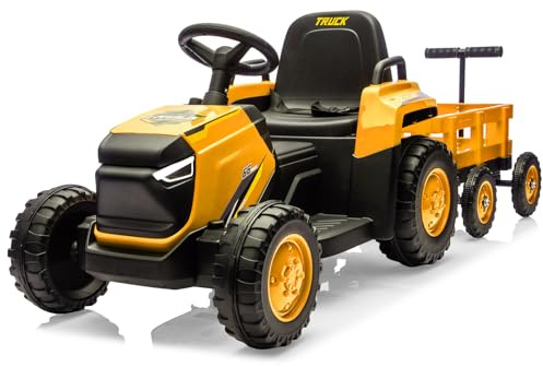 Garvee Trattore elettrico per bambini 12V con rimorchio amovibile – 6 ruote, doppio motore – Luci LED, musica, clacson, telecomando – Veicolo cavalcabile sicuro per 3-6 anni – Giallo