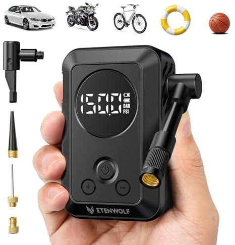 ETENWOLF Mini pompe à vélo, gonfleur de pneus 10,34 Bar, pompe à air portable pour vélos, voitures, motos, gonflage rapide et arrêt automatique, pompe à vélo avec manomètre (nero)