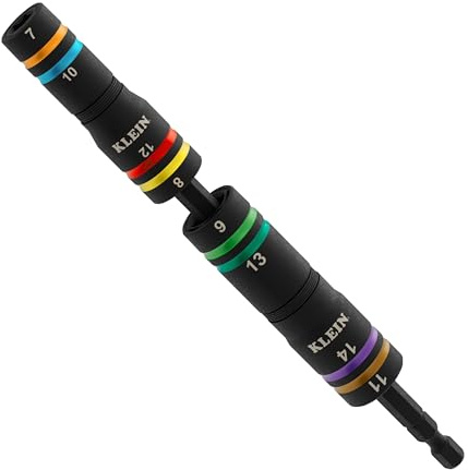 Klein Tools 652MQS Impact-Rated Quad Socket Set, 8 Sizes In 2 Flip Socket Drivers, 4-In-1 Color-Coded Heavy-Duty Multi Tool, 1/4-Inch Drive, Metric 7mm - 14mm, 6-1/2-Inch Extension Shaft