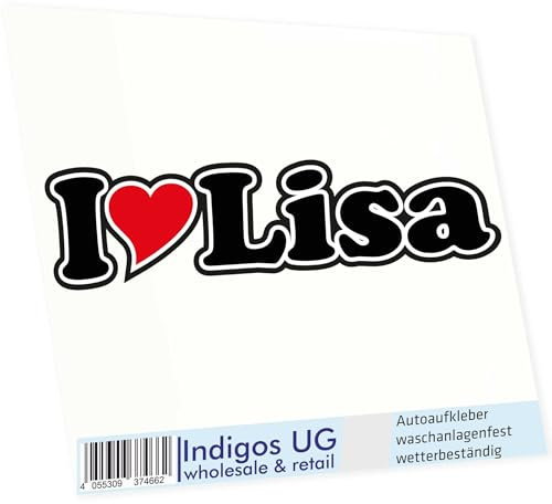 INDIGOS UG Auto Aufkleber I Love Lisa 15 cm - Autoaufkleber - KFZ Sticker selbstklebend - für Motorrad, Fenster oder Heckscheibe - wetterfest & UV-beständig Sticker mit Namen von Mann Frau Kind