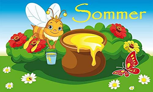 Fanshop Lünen Fahne Flagge Sommer Biene mit Honigtopf (Garten, Blumen, Honig) 90x150 cm Hissfahne Hißflagge mit Ösen Sommer B-Ware Sonderposten