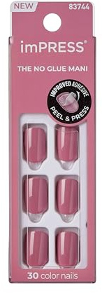 Kiss Impress No Glue Mani Press On Nails, 'Petal Pink', Pink, Short Size, Squoval Shape, Includes 30 Nails, Prep Pad, Instructions Sheet, 1 Manicure Stick, 1 Mini File