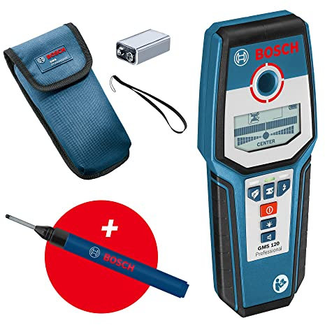 Bosch Professional Détecteur mural GMS 120 (marqueur de trous de percage, détection maxi bois/métaux magnétiques/métaux non-magnétiques/câbles sous tension : 38/120/80/50 mm) - Amazon Exclusive