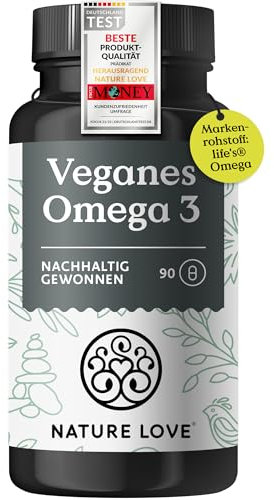 NATURE LOVE® Omega 3 vegan - hochdosiert mit 1.444 mg Algenöl pro Tagesdosis - 90 Kapseln - nachhaltig, laborgeprüft, produziert in Deutschland