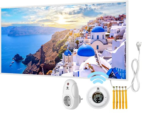 BR Bringer Bild Infrarotheizung mit Rahmen 1000 Watt & Thermostat mit Fernbedienung - Bildheizung mit UV Druck - 120x60x1,8cm - Santorini, Griechenland