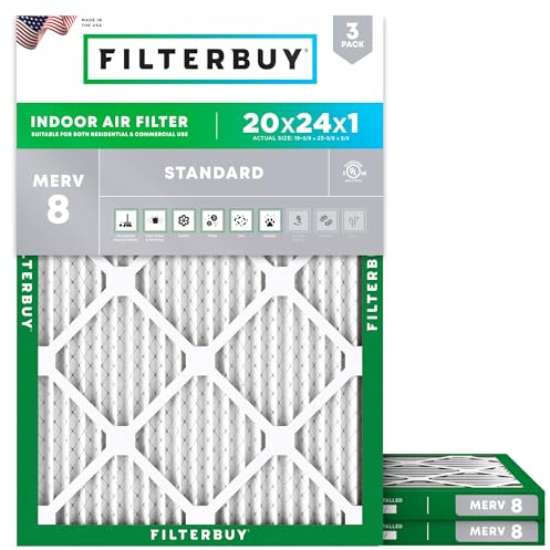 Filterbuy 20x24x1 Air Filter MERV 8 Essential Dust & Allergy Defense (3-Pack), Electrostatic Pleated HVAC AC Furnace Filters Replacement (Actual Size: 19.38 x 23.38 x 0.75)