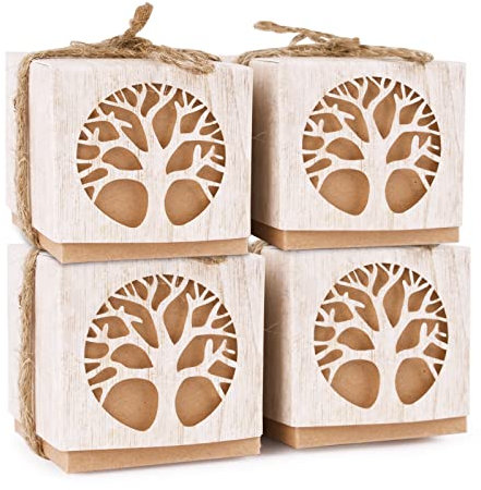 FLOFIA 25pcs Geschenkbox Schachtel Lebensbaum Geschenkschachtel Kraftpapier Süßigkeiten Karton Klein mit 25x Jutekordel Bonboniere Kasten 5x5x5CM DIY Kommunion Taufe Hochzeit Deko