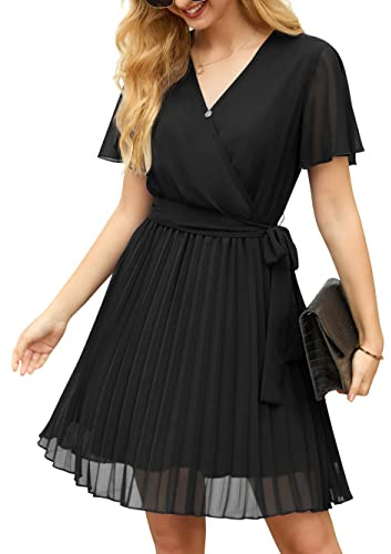 GRECERELLE Womens Summer Casual Wrap Dress Chiffon Cute Pleated Beach Tie Waist Dresses for Women (Black, L)