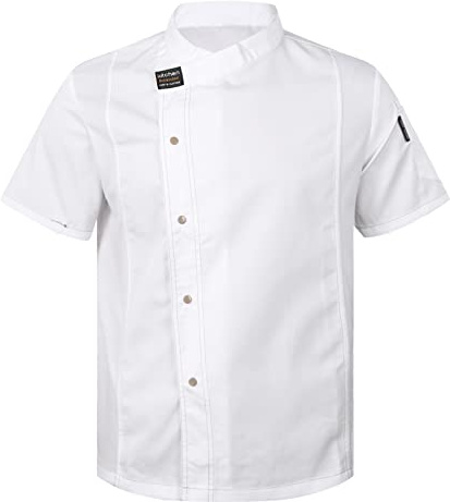 dPois Veste de Chef Cuisinier Homme Femme Manches Courtes Vêtements de Chef Manteau Uniforme Restaurant Blouse de Cuisine Professionnel Travail - Taille Petit Blanc XXL
