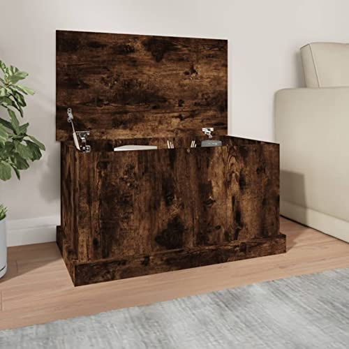 Homgoday Truhe con coperchio, scatola in legno, cassapanca, scatola portaoggetti, armadio portaoggetti per ingresso, camera da letto, soggiorno, rovere affumicata 70x40x38 cm, materiale legnoso