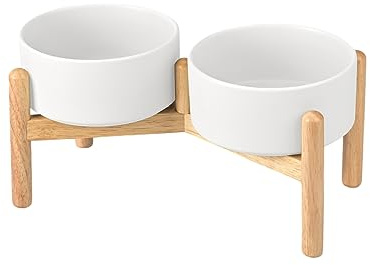 SPUNKYJUNKY Hundenapf Keramik Fressnapf Erhöhter Futternapf Wassernapf mit Bambus Ständer für mittelgroße und große Hunde (850ml, Weiß)