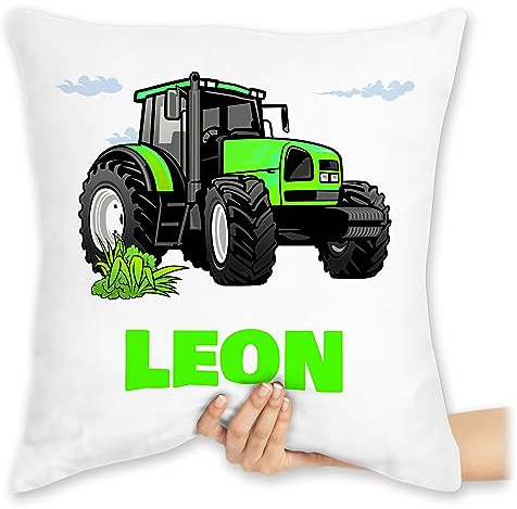 Kissen 40x40 Zierkissen - Geschenk Traktor mit Name personalisiert I Trecker Fan I Zugmaschine I Bulldog I Schlepper - 40 x 40 cm - Weiß - traktorkissen Kinder Landwirtschaft Tractor sitzkissen