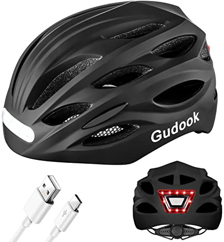 Gudook Bike Helmet with LED Light: Bicycle Helmets for Men & Women & Adults with Front and Rear Lights Adjustable Cycling Helmet for Urban Commuter Mountain Road Biker