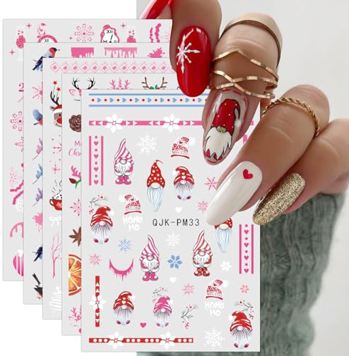 JMEOWIO 10 Sheets Christmas Pink Nail Art Stickers Decals Self-Adhesive Snowflake Winter Holiday Cute Nail Supplies Nail Art Design Decoration Accessories