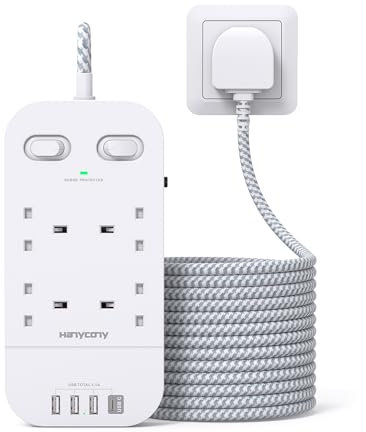 Extension Lead with 4 USB Slots, 3M Extension Cable, 4 Way Outlets Power Strip with 1800J Surge Protection, Double Switch Plug Extension with 10FT Braided Extension Cord for Home Office Accessories