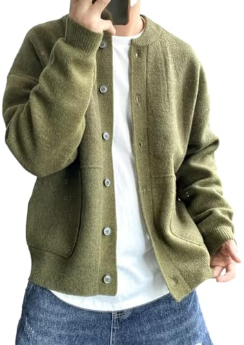 Tainrunse Single-breasted Cardigan Knit Coat Men's Fall Winter Sweater Round Neck Knitted with Thick Pockets Warm Cozy Green M