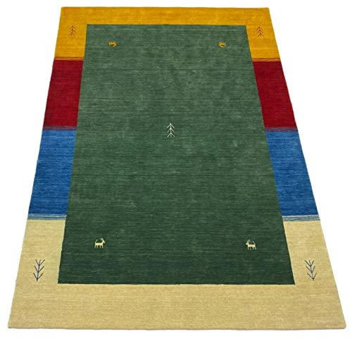 Gabbeh Teppich 100% Wolle 140x200 cm Grün Rot Handgewebt Orientteppich Bunt